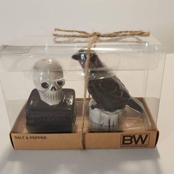 Boston Warehouse Spooky Ceramic Salt and Pepper Shakers Skull and Crow - Picture 1 of 6